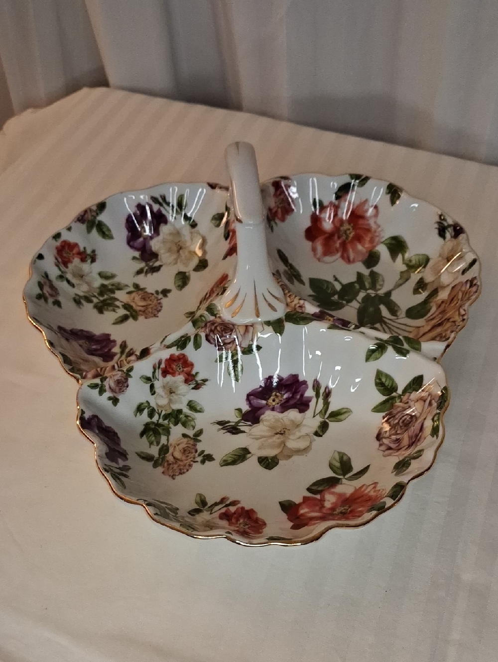 Floral Porcelain 3-Section Serving Dish with Gold Trim